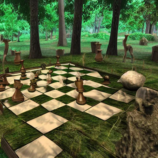 Prompt: videogame still of epic 3D chessboard and chess pieces in the magic kingdom forest of trees style