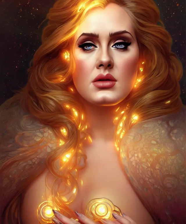 Prompt: Adele as a fantasy magic woman portrait, sci-fi, amber eyes, face, long hair, fantasy, intricate, elegant, highly detailed, digital painting, artstation, concept art, smooth, sharp focus, illustration, art by artgerm and greg rutkowski and alphonse mucha