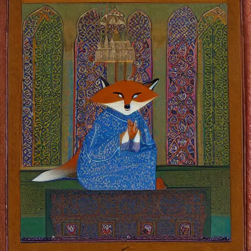 Prompt: An anthropomorphic fox in a silk robe sitting inside a lavish mosque, beautiful painting