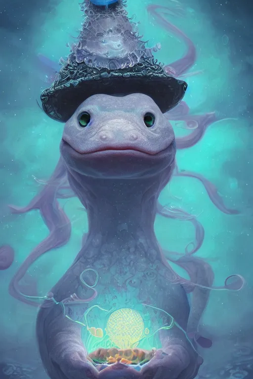 Image similar to Bioluminescent, portrait of axolotl wearing wizard hat, very intricate , trending on artstation , very elegant, in the golden hour by Daniel Merriam, Trending on Artstation, oil on Canvas by Elena Zhurikhina and Goro Fujita and Charlie Bowater, octane render, 4k, 8k, HD