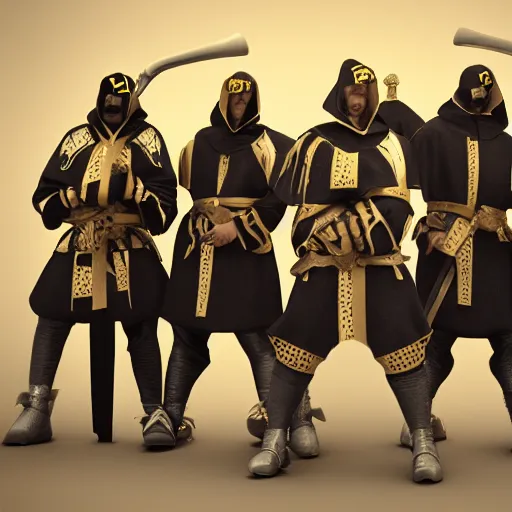 Prompt: The Wu-Tang Clan as medieval knights and warriors, photoreal, octane render