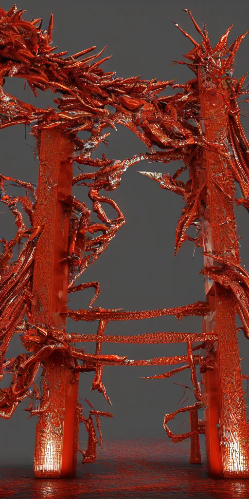 Image similar to 3 d photographic render of a torii gate sculpture, fractal chrometype, made of liquid metal, neotribal with thorns and thunders, cyberpunk japanese temple, raytraced, hyper realistic, volumetric lightning, 8 k, by zhelong xu, ouchh and and innate studio