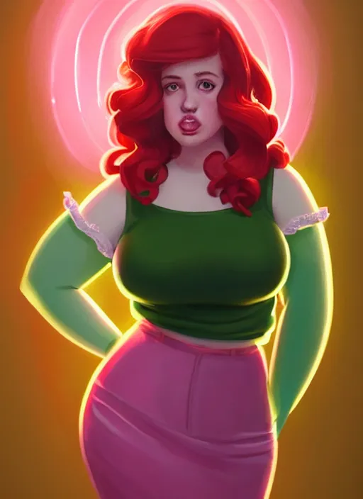 Image similar to full body portrait of teenage cheryl blossom, obese, bangs, green eyes, sultry, realistic, red hair, sultry smirk, wavy hair, pink skirt, fat, intricate, elegant, glowing lights, highly detailed, digital painting, artstation, concept art, smooth, sharp focus, illustration, art by wlop, mars ravelo and greg rutkowski