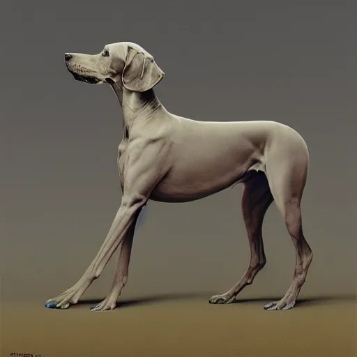 Prompt: painting of hybrid between weimaraner and horse and weimaraner intercrossed animal, by zdzislaw beksinski, by mattias adolfsson, by tiffany bozic, cold hue's, warm tone gradient background, concept art, single object scene, beautiful composition, digital painting