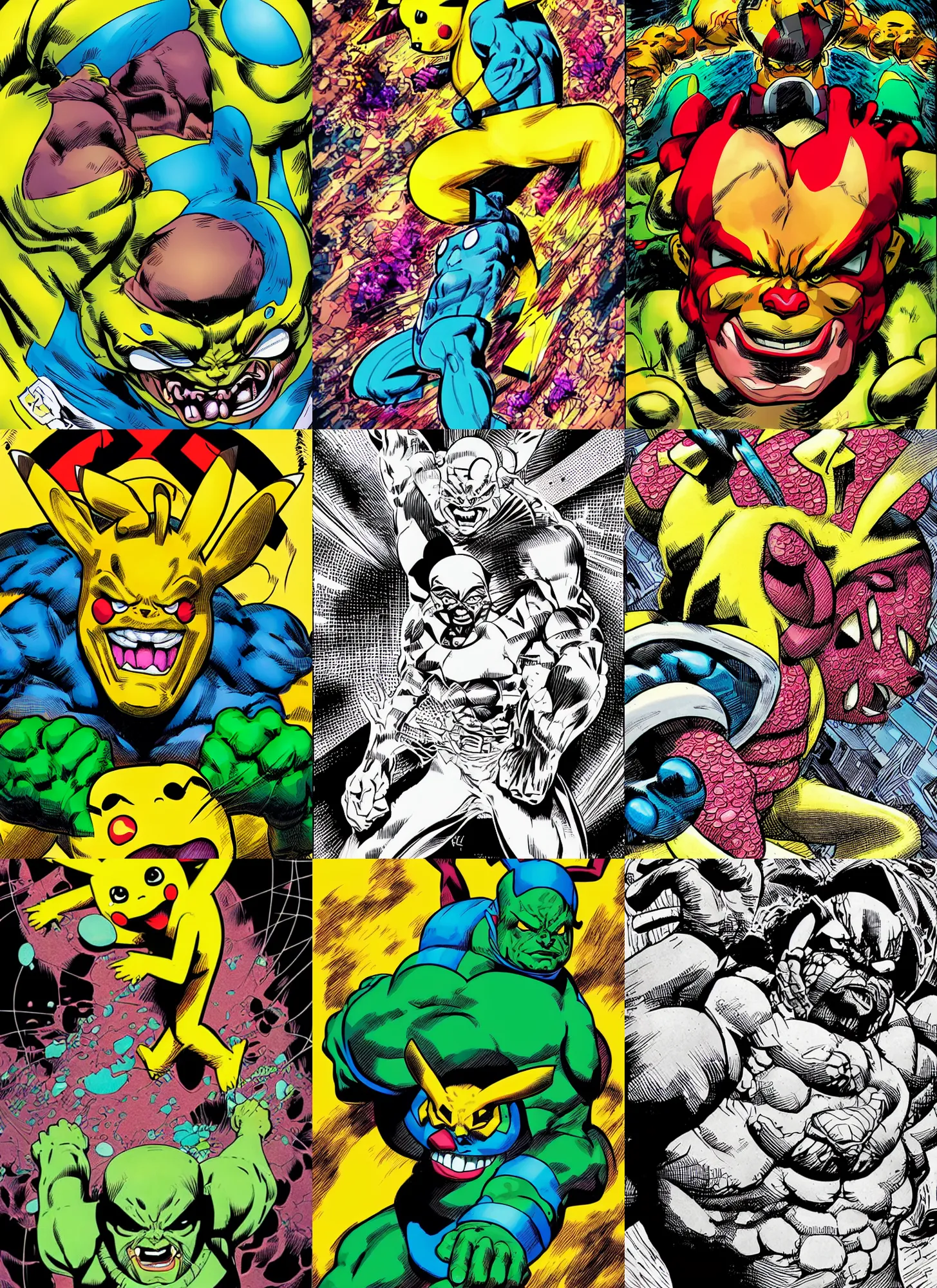 Prompt: dynamic macro head portrait of beautiful hulked pikachu by cory walker and ryan ottley and jack kirby and barry windsor - smith, comic, illustration, photo real