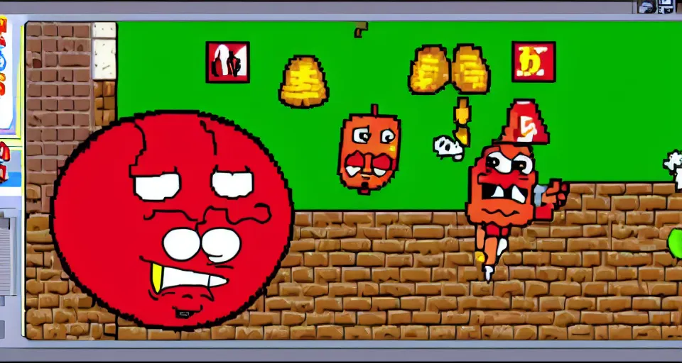 Image similar to Screenshot of a 3d version of Meatwad from Aqua Teen Hunger Force as a 3d NPC in the 3d videogame 'Super Mario 64'. Sharpened. 1080p. High-res. Ultra graphical settings.