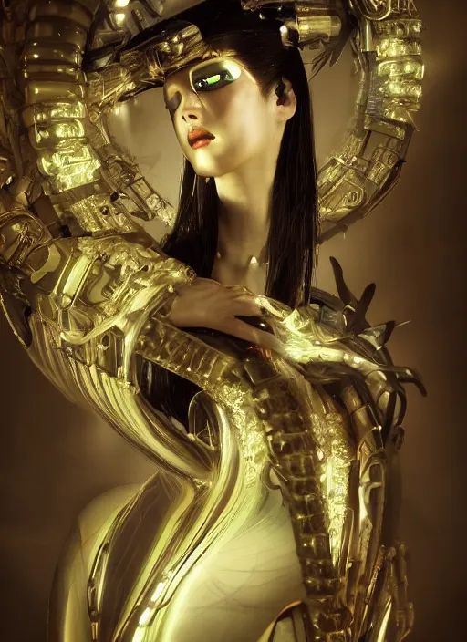 Image similar to portrait of a sensual futuristic geisha cyborg, latex, modern fine art, fractal, glowing calligraphy, intricate ornaments, elegant, highly detailed, digital photography, subsurface scattering, by jheronimus bosch and greg rutkowski,