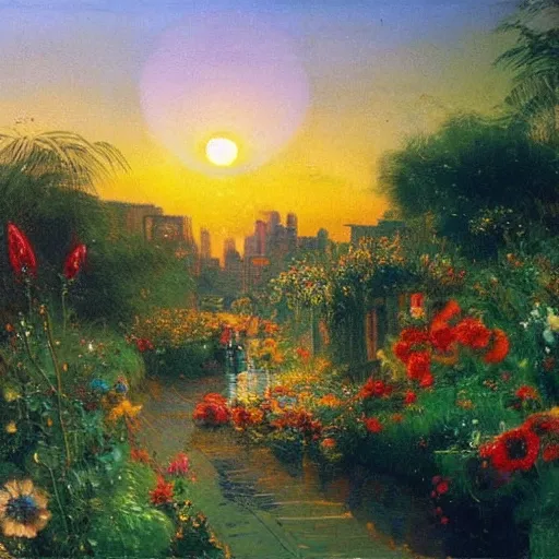 Image similar to a very beautiful eco - friendly environmental future city cityscape, lots of plants and flowers, sunrise, style of olidon redon