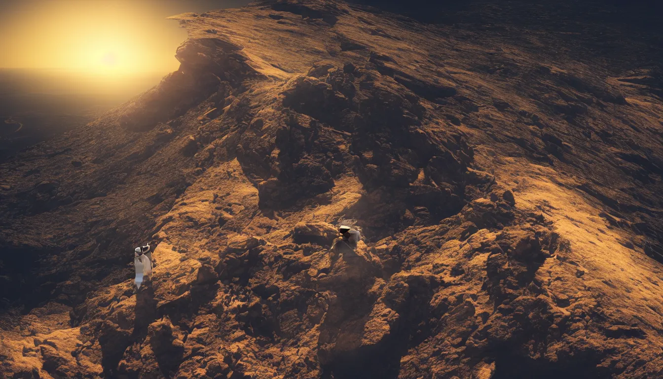 Prompt: futuristic lonely astronaut sitting on top of a mountain looking at the horizon of a unknown planet, close shot, sunset, cinematic, epic, dark scenario, 8k, award winning,