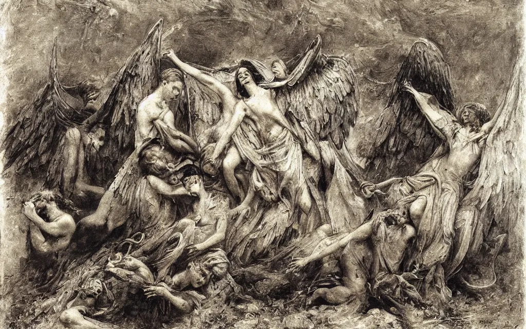 Prompt: vision of angels with a broken shield, trying to fix it by ivan shishkin and alfred kubin, style of futurism