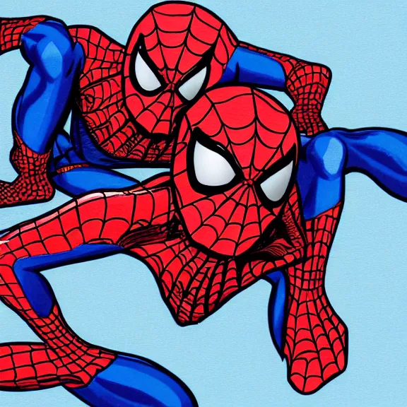 Image similar to two spiderman poiting at each other, cartoon, high resolution, surprise, drawing