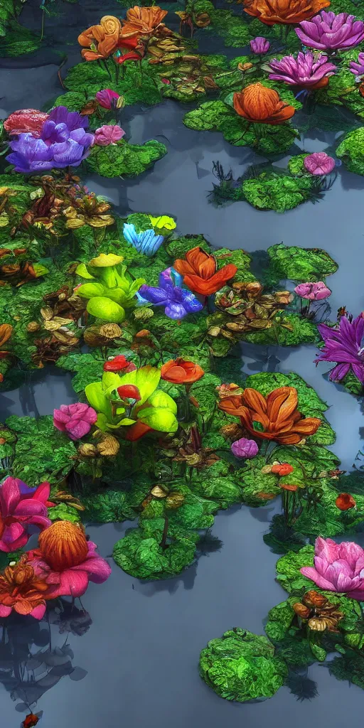 Image similar to alien flowers on a groovy biome warner bros, smooth, cinematic, wet reflections, ray tracing x, rtx, smooth