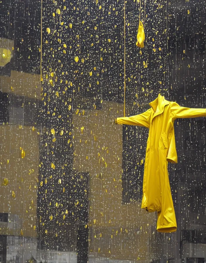 Image similar to a lone yellow zara raincoat flying hanging mid - air on a glittering rainy display designed by james terrell, we anderson