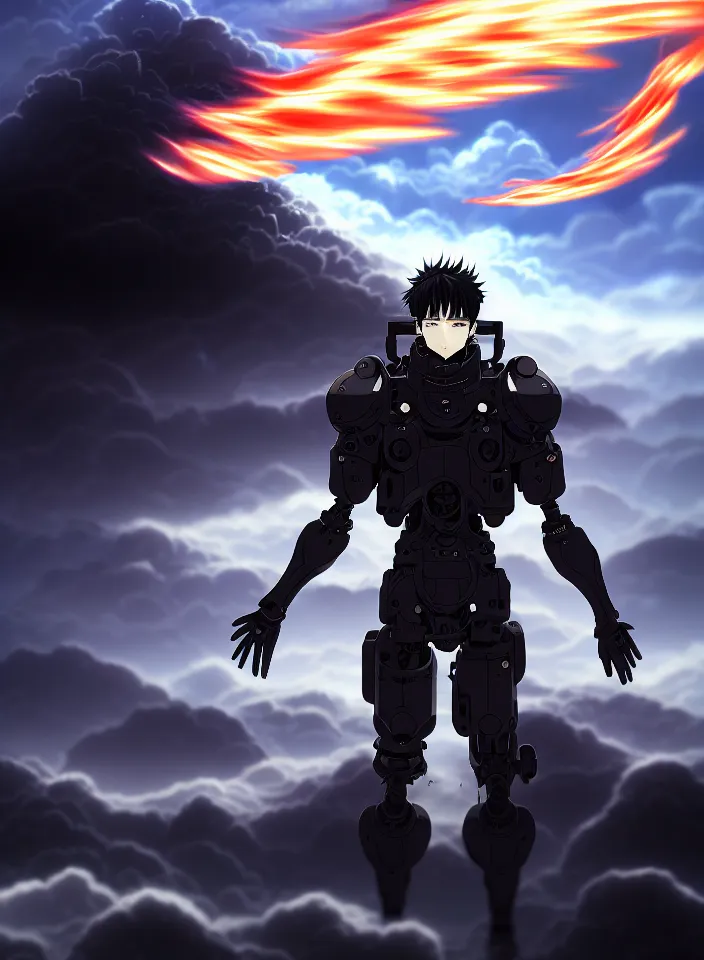 Prompt: a detailed manga illustration character full body portrait of a dark haired cyborg anime man surrounded by clouds of dark smoke and fire, trending on artstation, digital art, 4 k resolution, detailed, high quality, sharp focus, hq artwork, insane detail, concept art, character concept, character illustration, full body illustration, perfect anatomy, cinematic, volumetric lighting