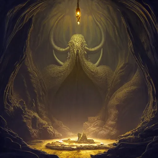 Prompt: A beautiful hyper realistic detailed matte painting of the interior of a cavern with a gold-trimmed statue of Cthulhu in the center, dramatic lighting, dynamic lighting, cinematic lighting, lit by candlelight, by John Howe and Andreas Rocha, unreal engine, featured on artstation, featured on behance, ultrawide angle, f8