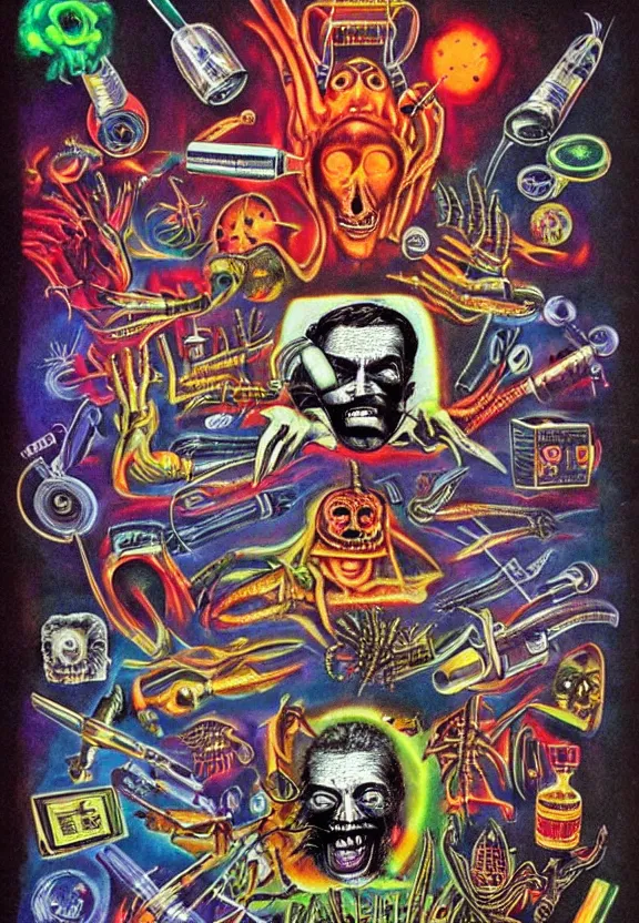 Prompt: subgenius, x - day, aliens, weird stuff, occult stuff, devil stuff, medical diagram, colorful, vintage, stained paper, hyperrealism, stage lighting