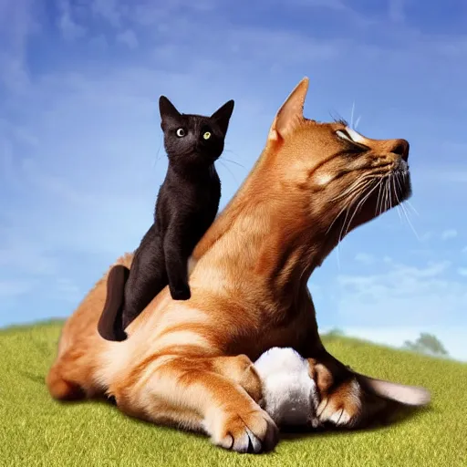 Image similar to a cat sitting on a dog's back while the dog is riding a horse, realistic, 4k