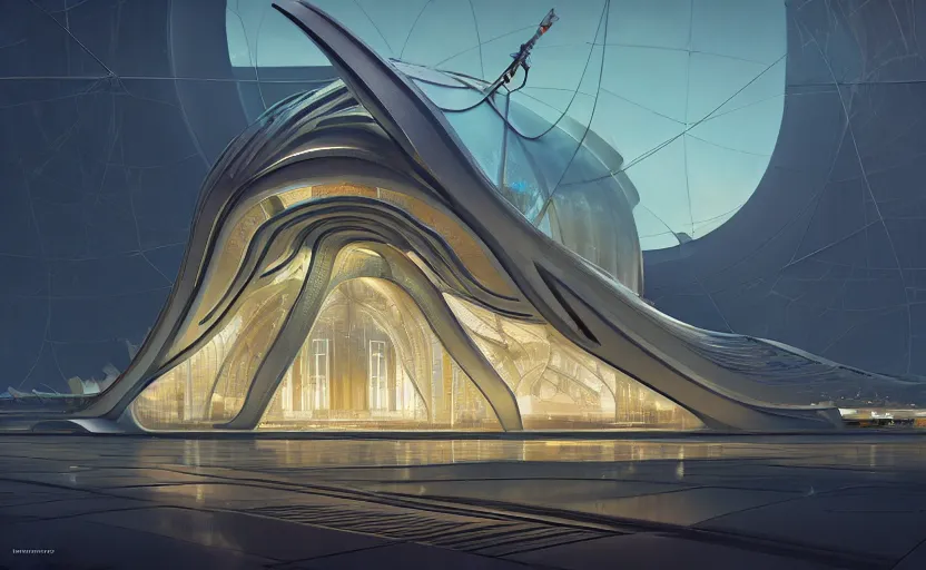 Image similar to exterior shot of utopian architecture transparent building with cinematic lighting by zaha hadid and renzo piano, darek zabrocki and greg ruthkowski, alphonse mucha, simon stalenhag, cinematic, stars, beautiful, holy place, paradise, scifi, futurism, atmospheric, concept art, artstation, trending on artstation