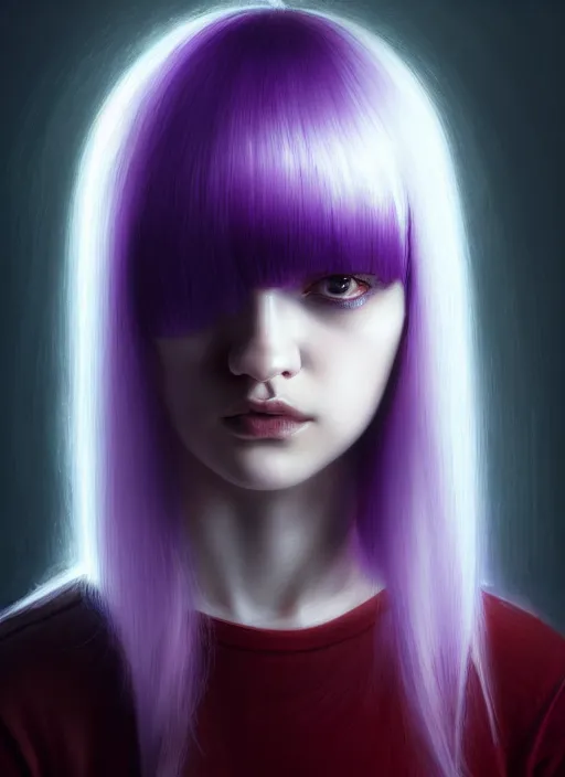 Image similar to hair whitebangs hair, black hair, whitebangs, portrait of teenage girl with white bangs, red irises, purple clothes, white bangs, bangs are different color from hair, intricate, elegant, glowing lights, highly detailed, digital painting, artstation, concept art, smooth, sharp focus, illustration, art by wlop, mars ravelo and greg rutkowski