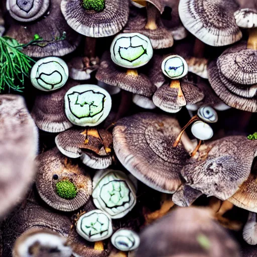 Image similar to macro photo with a singular mushroom character with cute eyes and mycelium, very close to real nature, natural colors and natural surroundings, painted patterns and coloring on mushrooms, 8K, highly detailed, cartoon