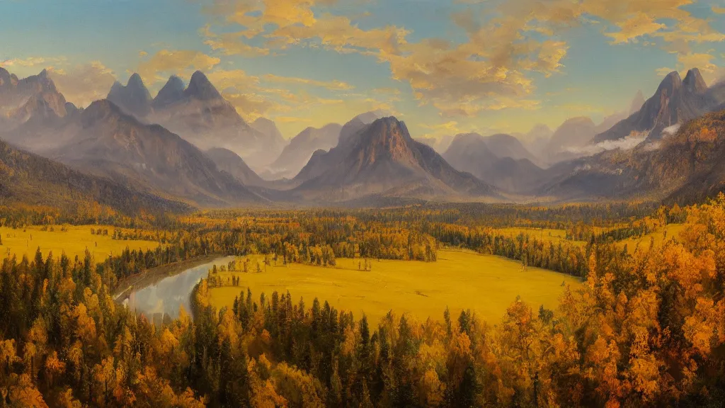 Prompt: The most beautiful panoramic landscape, oil painting, where the mountains are towering over the valley below their peaks shrouded in mist. The sun is just peeking over the horizon and the sky is ablaze with colors. The river is winding its way through the valley and the trees are starting to turn yellow and red, by Greg Rutkowski, aerial view