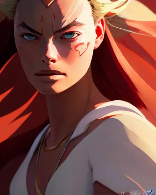 Image similar to azctec warrior, margot robbie, detailed perfect face, exquisite details, fire magic, mid view, design on a white background, by studio muti, greg rutkowski makoto shinkai takashi takeuchi studio ghibli