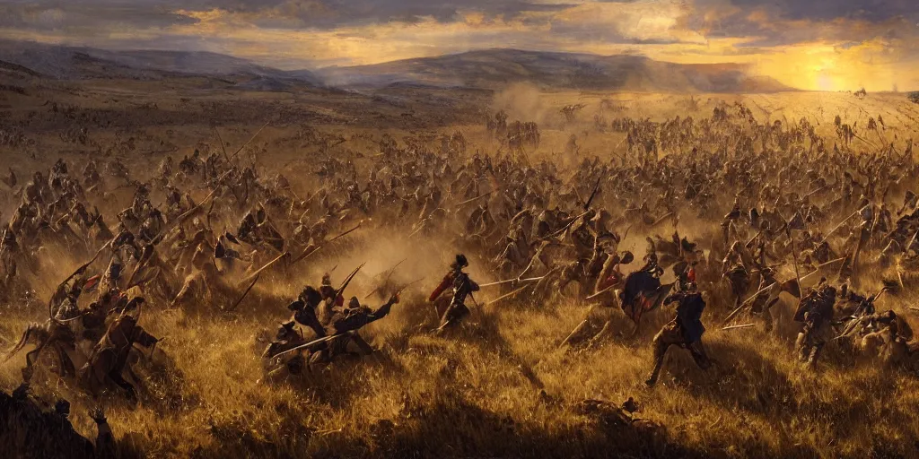 Prompt: image landscape portrait from the battle of little bighorn ( 1 8 7 6 ), majestic sweeping action, cinematic lighting, dramatic lighting, cinematic lighting, hyperdetailed, artstation, cgsociety, 8 k, 4 k, imax 7 0 mm