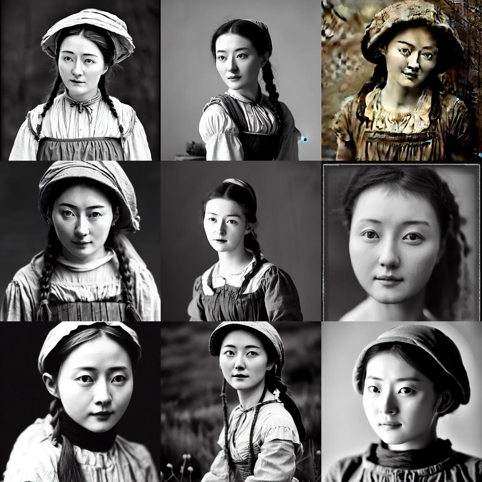 Prompt: young, optimistic, eastern european, 19th century peasant girl looks similar to Lee Young Ae, cinematic lighting, highly detailed, black-and-white, realistic, antique photography