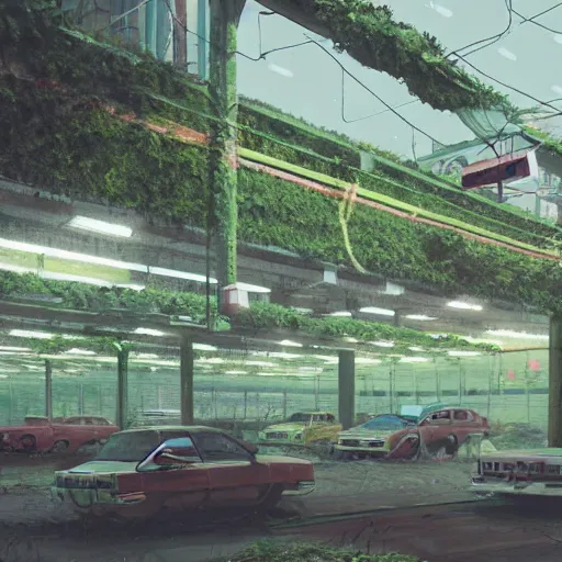 Prompt: a indoor abandoned parking lot with overgrown plants and a human farm, neon, cyberpunk, art by Simon Stalenhag, cinematic, 4k