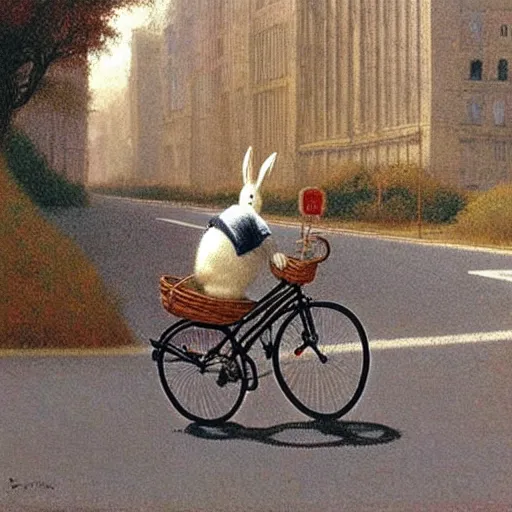 Prompt: rabbit riding a bike on the road, there is a car in front, by michael sowa.