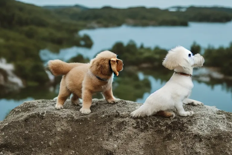 Image similar to a puppy is looking directly at the water below them while they stand at an edge