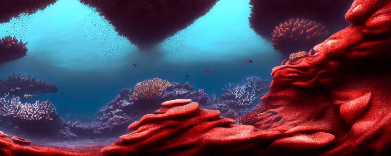 Image similar to A gorgeous detailed oil of a dark red sea covered in big blue steep rocks, a school of piranhas underwater, the further away the mistier it gets, surreal, concept art, dark aesthetic, atmospheric, moody, hyperrealism, highly detailed, masterpiece, award winning, 4k, unreal engine