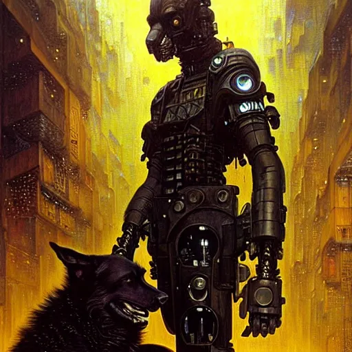 Image similar to portrait black german shepard dogman humanoid bipedal canine neuromancer. spaceship futuristic city. shadowrun cyberpunk fantasy d & d painting by gaston bussiere craig mullins jc leyendecker gustav klimt artgerm greg rutkowski john berkey, bergey, craig mullins, ruan jia, raymond swanland, tom lovell