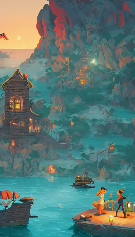 Prompt: the secret of monkey island, sharp focus, james gilleard, cinematic, game art, extremely detailed digital painting, print