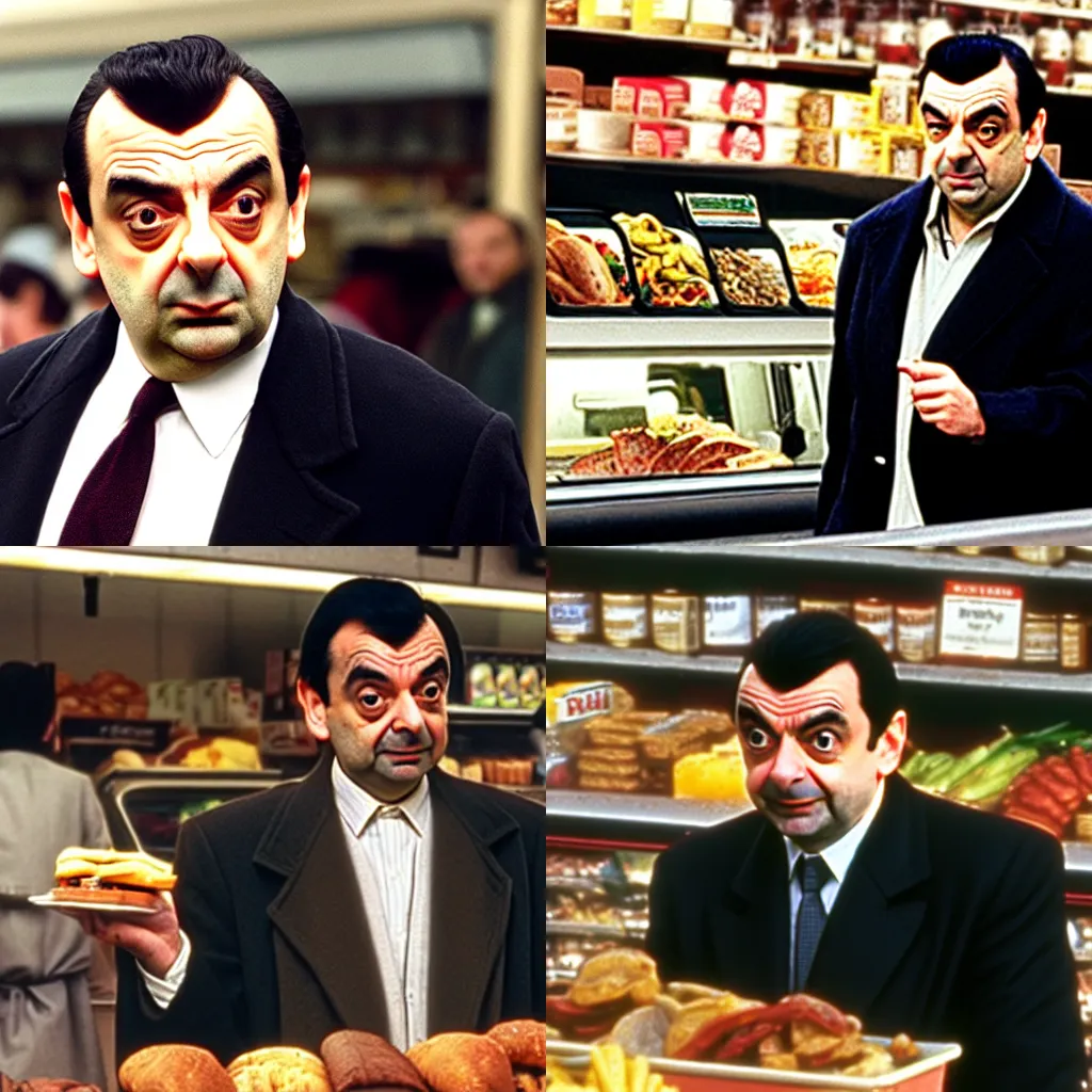 Prompt: mr bean as tony soprano in line at the deli