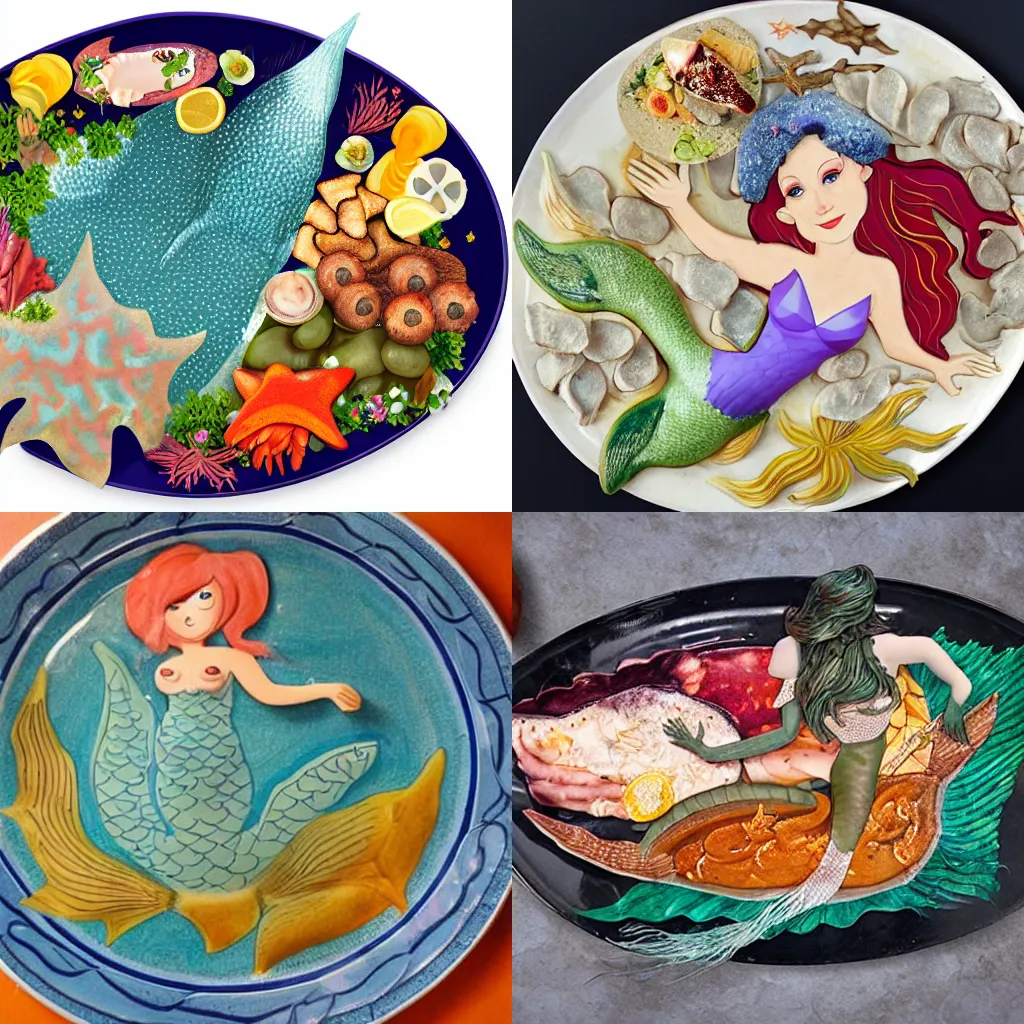 Prompt: a platter with a realistic cooked mermaid