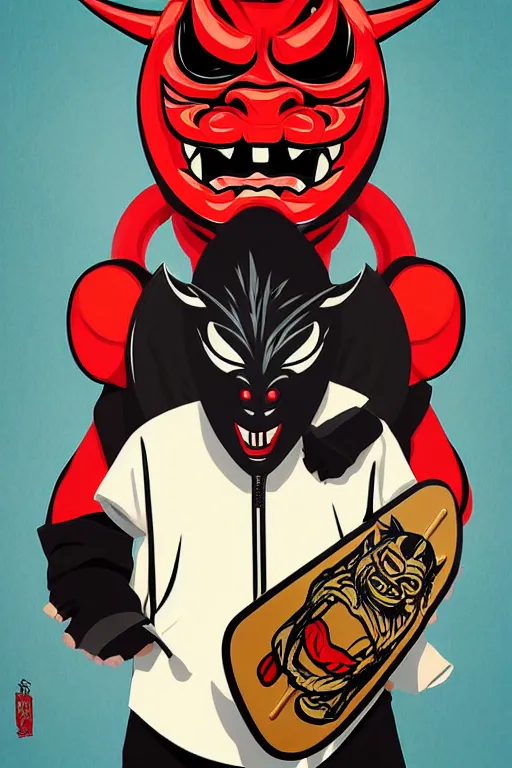 Prompt: guy wearing oni mask and bring skateboard. pop art, no duplicate image, without duplicating image, ultra details, digital painting, artstation, concept art, smooth, sharp focus, illustration, intricate details, art by richard hamilton and mimmo rottela, pixels art by kirokaze and paul robertson