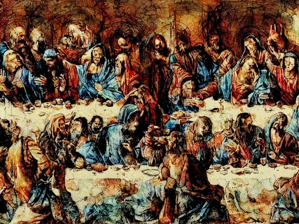 Image similar to a distressed mixed media illustration of the last supper by bill sienkiewicz, asheleywood,