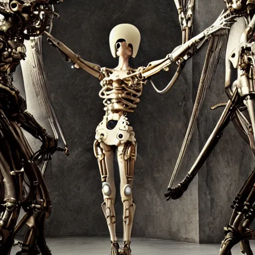 Prompt: still frame from Prometheus movie by Makoto Aida, biomechanical vespa angel gynoid, metal couture by neri oxmn and Guo pei, editorial by Malczewski and by Caravaggio