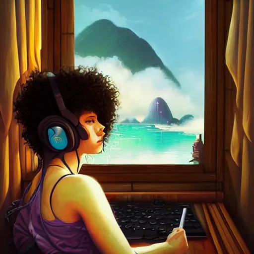 Prompt: lo-fi colorful masterpiece by Ross Tran, WLOP, Dan Mumford, Christophe Vacher, painting, black girl, curly hair, with headphones, studyng in bedroom, window with rio de janeiro view, lo-fi illustration style, by WLOP, by loish, by apofis, alive colors