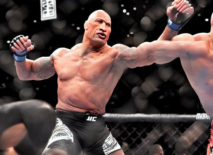 Image similar to dwayne the rock johnson knocking out an opponent in the ufc, 4 k, photorealistic