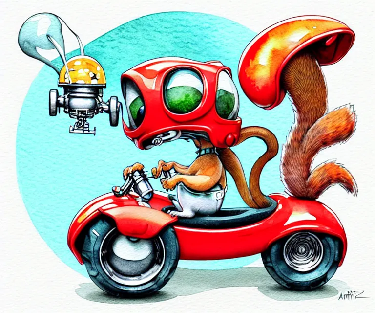 Prompt: cute and funny, squirrel wearing a helmet riding in a hot rod with oversized engine, ratfink style by ed roth, centered award winning watercolor pen illustration, isometric illustration by chihiro iwasaki, edited by range murata, tiny details by artgerm and watercolor girl, symmetrically isometrically centered, sharply focused
