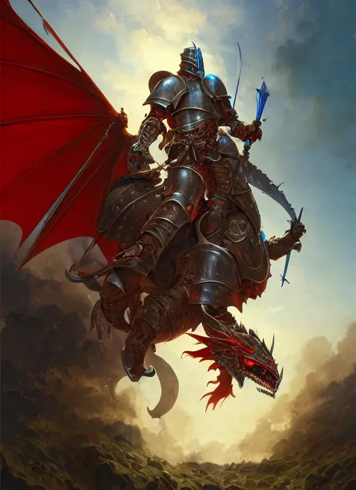 Image similar to highly detailed portrait of a paladin knight with shield fighting a red dragon, fantasy art by by simon bisley, loish, rhads, ferdinand knab, makoto shinkai and lois van baarle, ilya kuvshinov, rossdraws, tom bagshaw, global illumination, radiant light, detailed and intricate environment