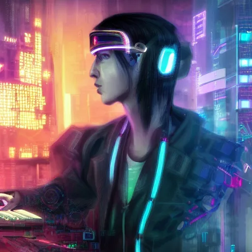 Image similar to Chopin as a cyberpunk character