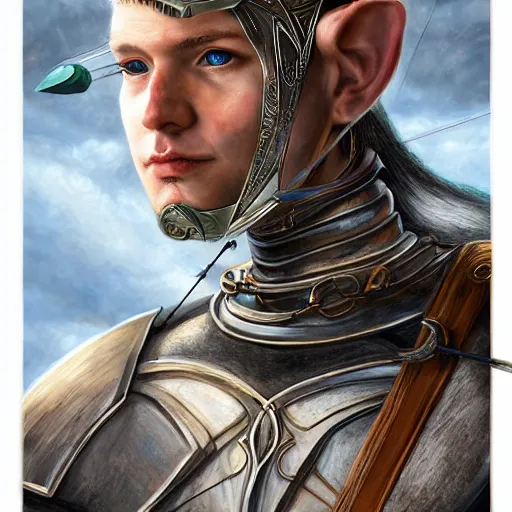 Image similar to robot archer, 8 k, portrait, elven, highly detailed, realistic, professional art, tolkien style elf,