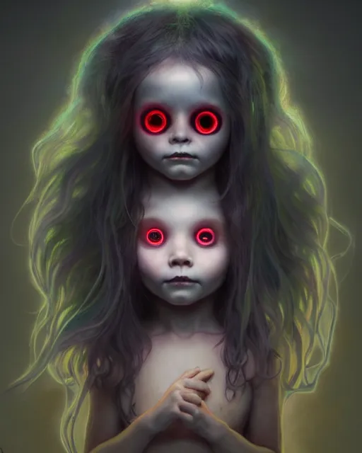 Prompt: one singular portrait of a bioluminescent spooky child doll with big glowing eyes, highly detailed, digital painting, cinematic, hyper realism, dark retrowave, art by Stanley Lau and Artgerm and magali villeneuve and Alphonse Mucha, artstation, octane render, cgsociety