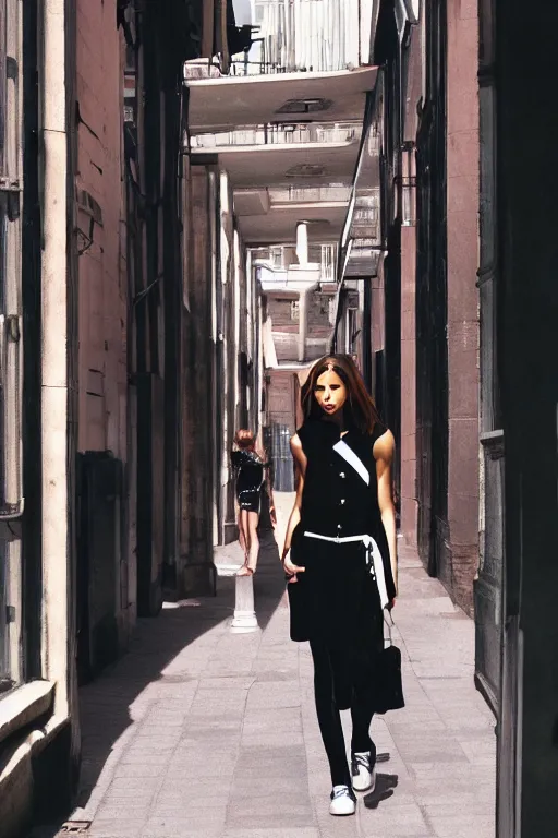 Prompt: high quality realistic street photo of girl, stylish hairstyles, clothes in the style of 1 9 9 0, perfect model face, fashion style clothes from maison margiela and off - white ; kodak ektar, 2 0 0 iso, 3 5 mm lens, bill henson style beautiful chiaroscuro lighting, beautiful colour palette, beautiful and realistic, wide shot