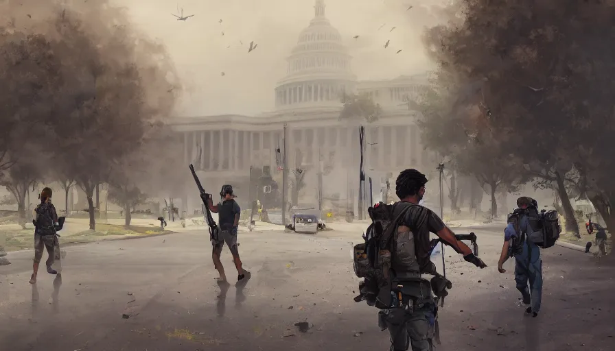 Image similar to survivor with rifle and bag pack crossing destroyed washington dc's streets with his two sons, destroyed museum, dirty streets, vegetation, wind, flying dust particles, cloudy sky, hyperdetailed, artstation, cgsociety, 8 k