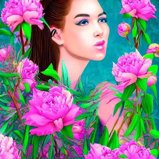 Prompt: highly detailed portrait of the most beautiful woman surrounded by peonies, vaporwave colors, smooth rendering