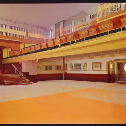 Prompt: art deco civic center interior, 1 9 7 0 s, real estate listing photo, orange color dye fading cast, film dust